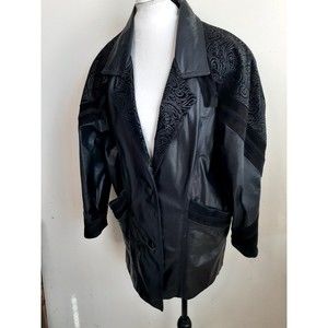 90's Comint Women Embroided Leather Coat Jacket Batwing PM Black Pockets Button